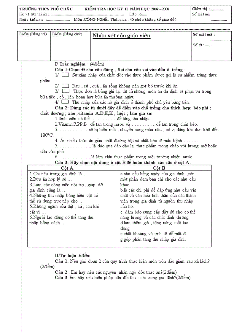 image for page Đề Công nghệ 6