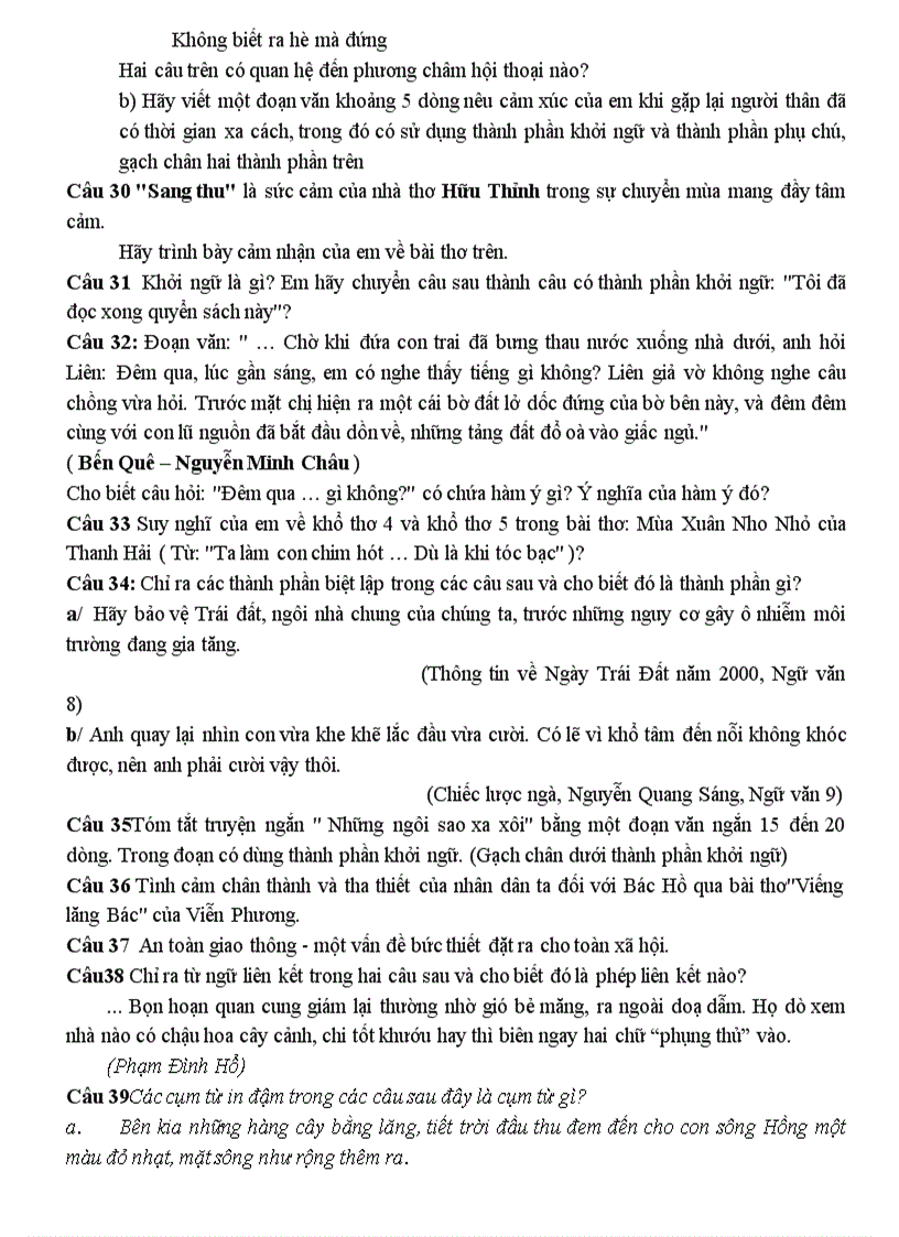 image for page Đề cương ôn tập Ngữ văn 9 Học Kỳ II Chuẩn