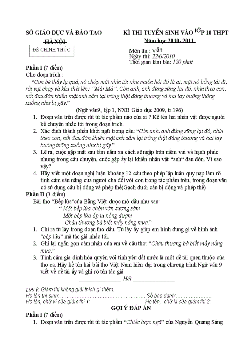 image for page Đề thi và đáp án 2 môn thi vào 10 hà nội 2010 2011