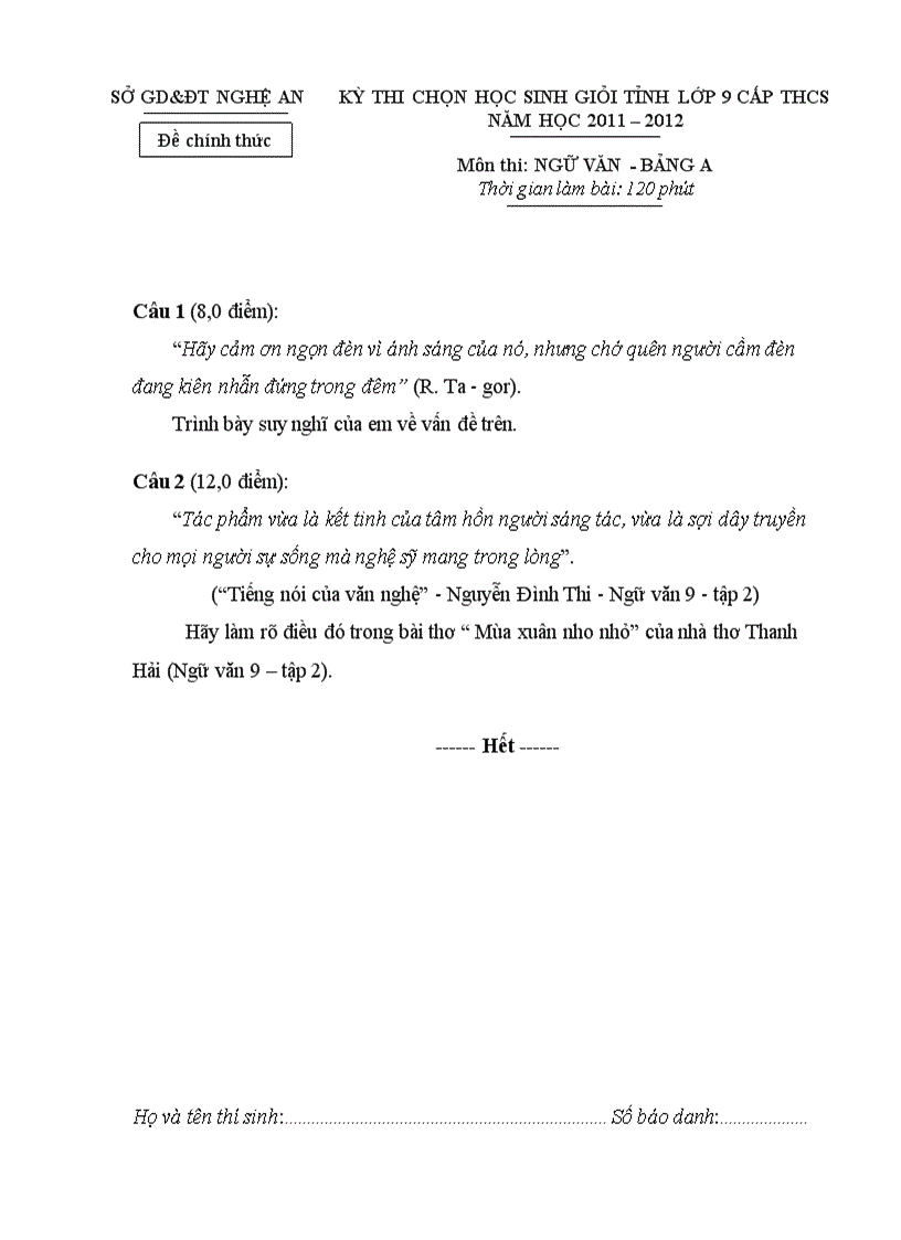 image for page Đề và đáp án Thi hsg tỉnh Nghệ An Môn Ngữ Văn9 năm học 2011 2012