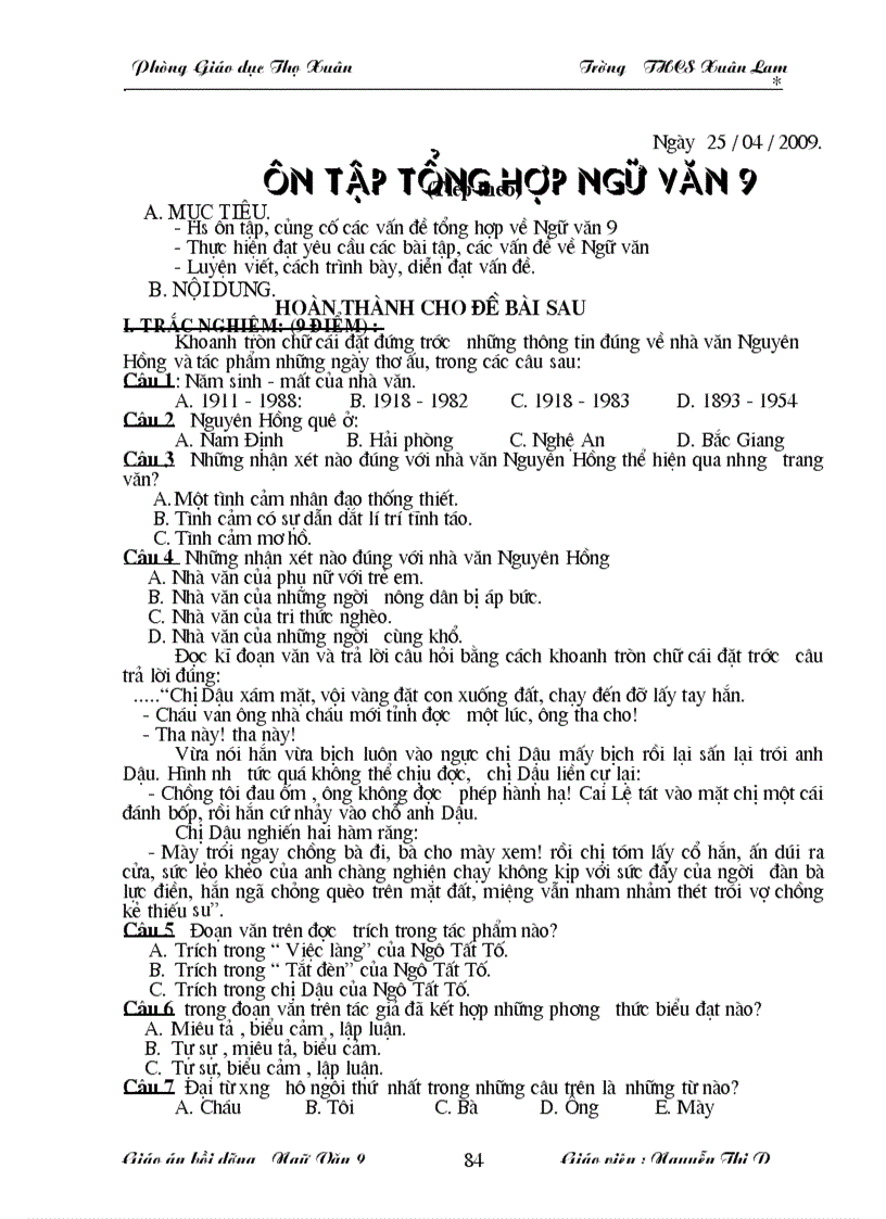 image for page Giáo án bồi dưỡng văn 9