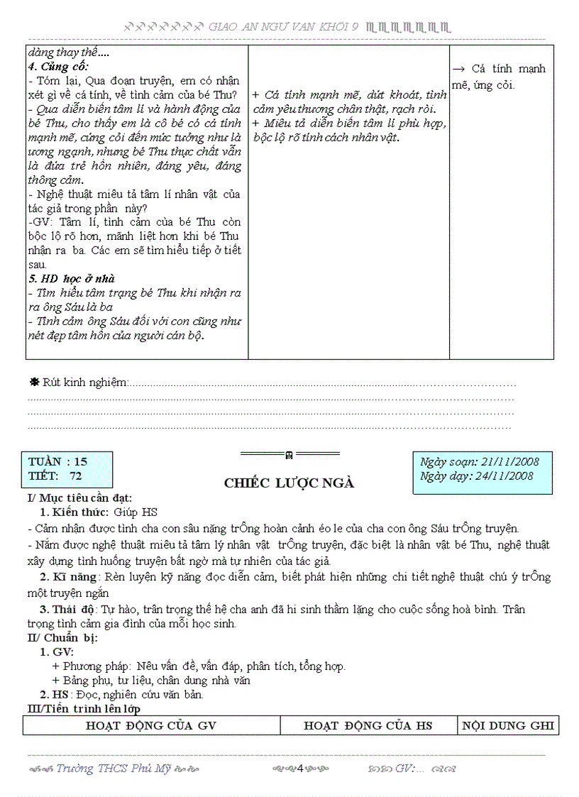 image for page Giáo án ngữ văn 9 tuần 15 3 cột