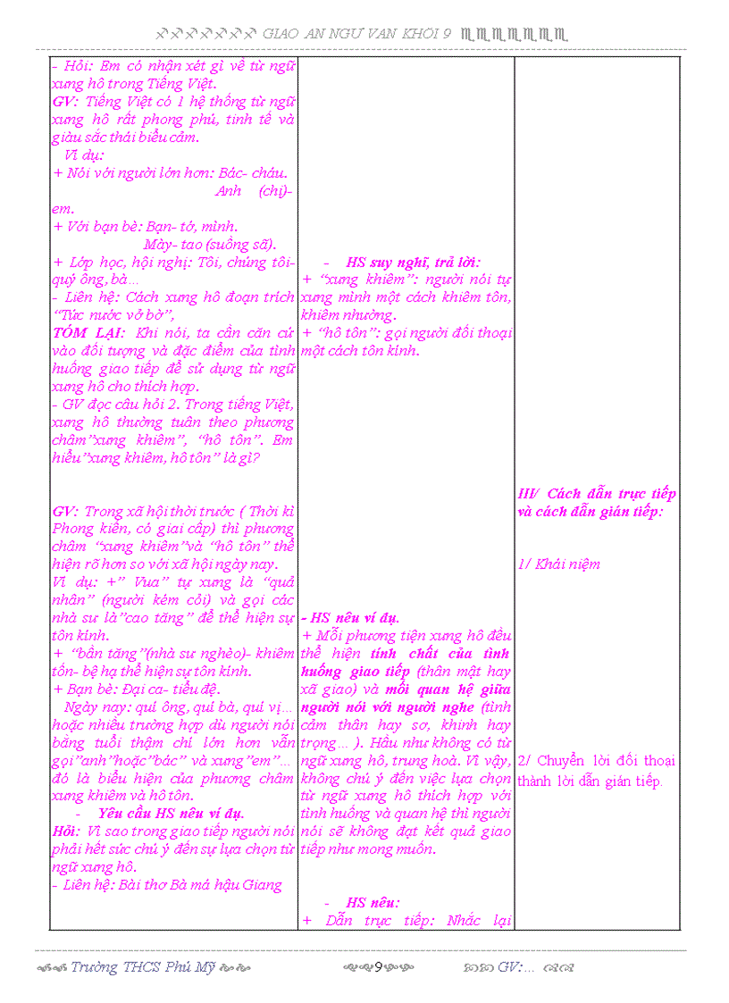 image for page Giáo án ngữ văn 9 tuần 15 3 cột