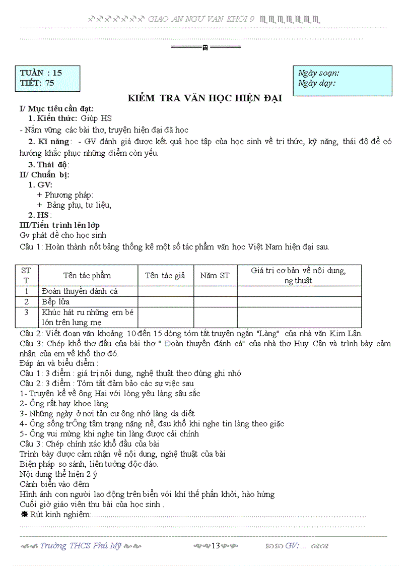 image for page Giáo án ngữ văn 9 tuần 15 3 cột