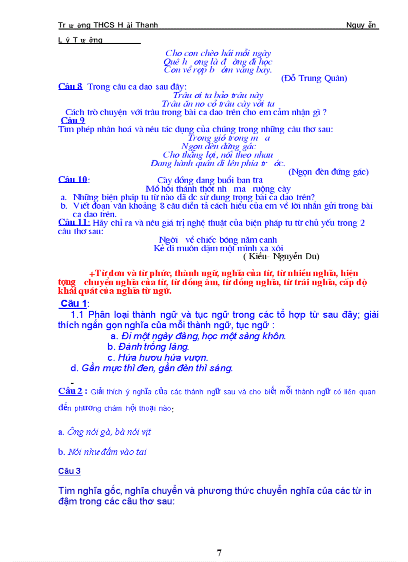 image for page Hệ thống một số câu hỏi ôn thi lớp 10