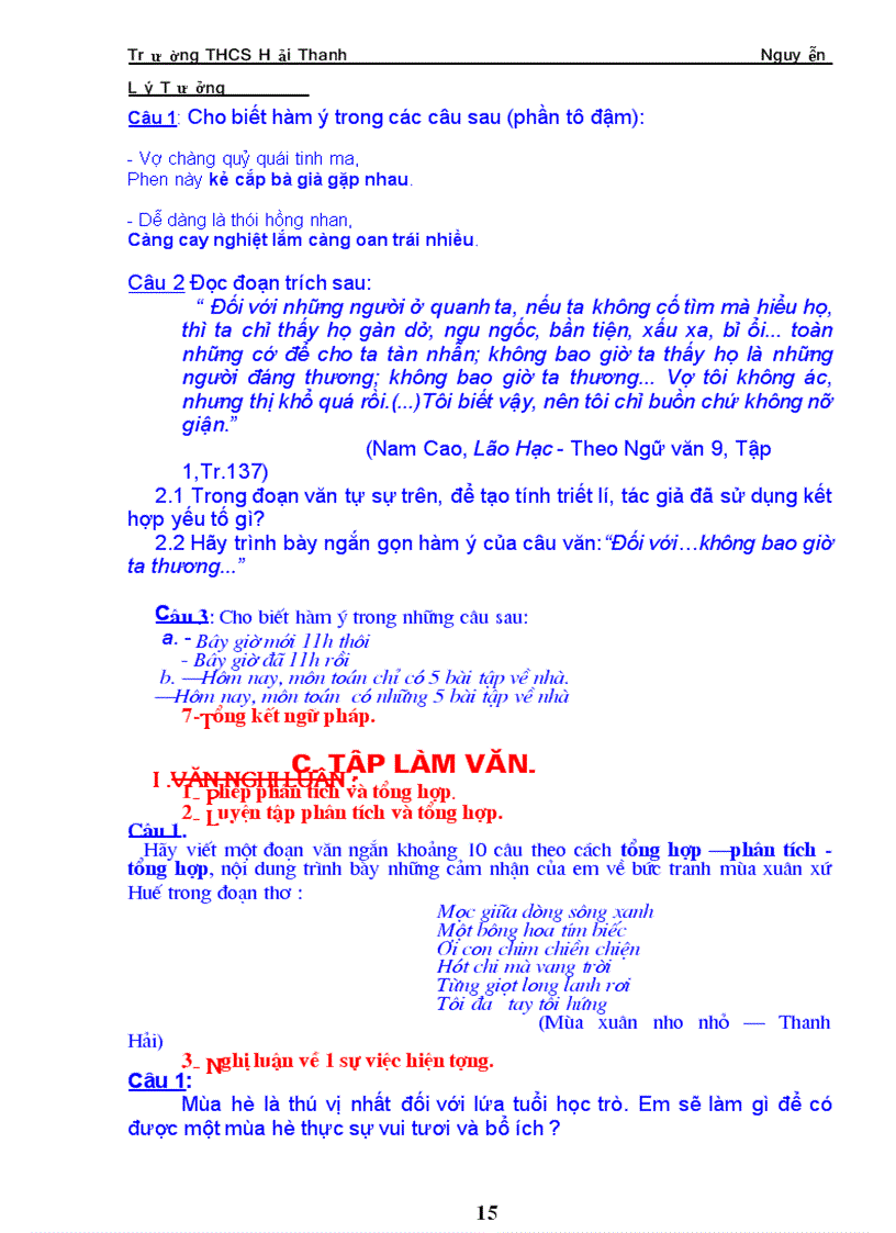 image for page Hệ thống một số câu hỏi ôn thi lớp 10