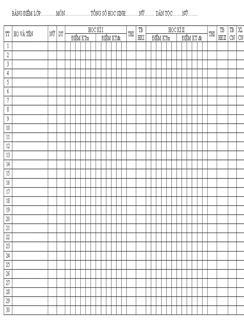 image for page Mẫu bảng điẻm cá nhân môn ngữ văn THCS