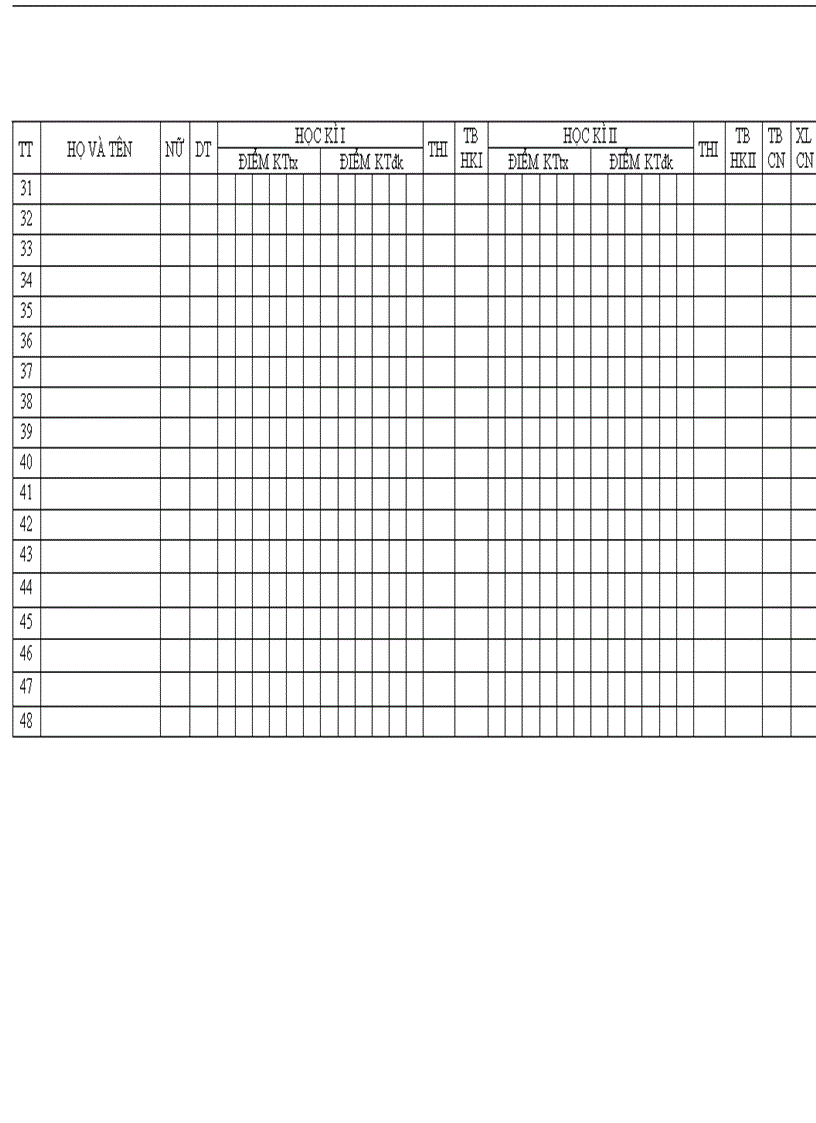image for page Mẫu bảng điẻm cá nhân môn ngữ văn THCS