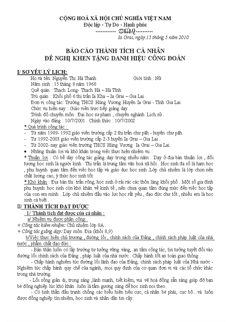 image for page Mẫu báo cáo thành tích cá nhân