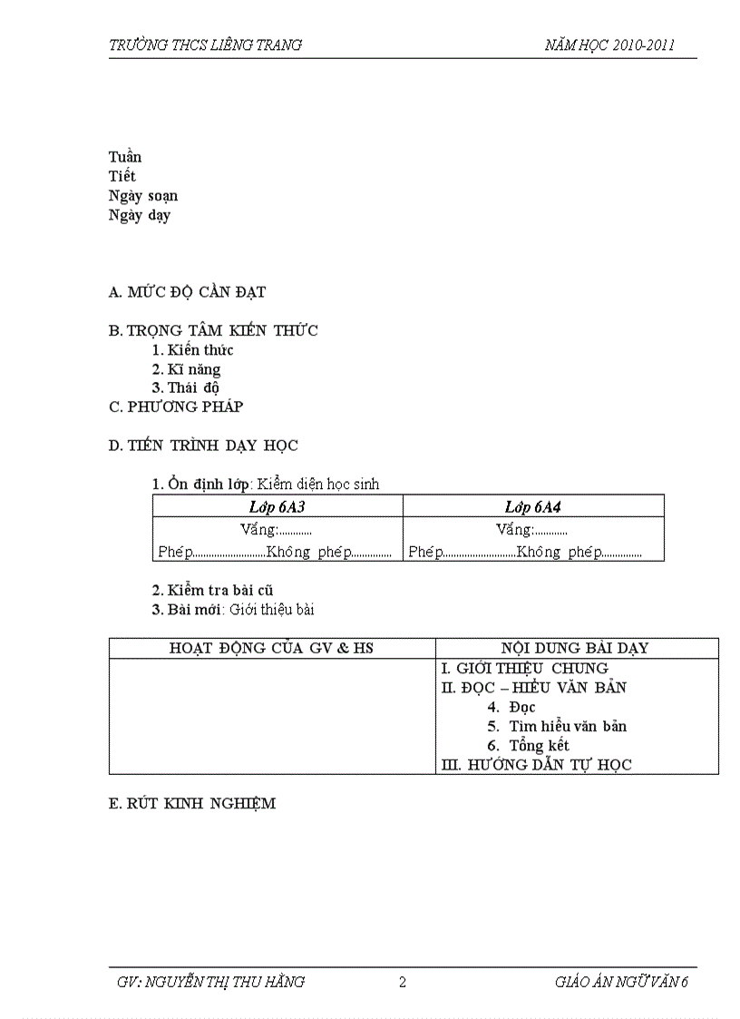 Mẫu giáo án chuẩn môn ngữ văn năm học 2010 2011