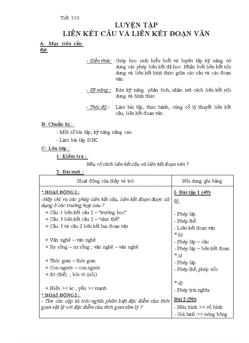 Tiết 110 liên kết câu Văn 9