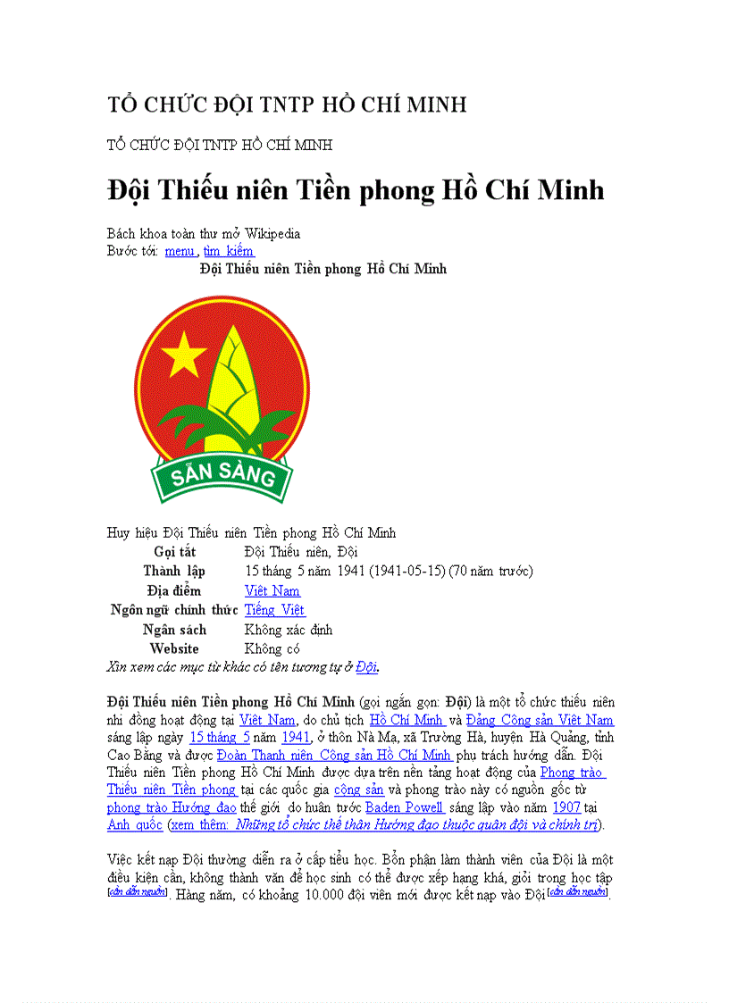 Tổ chức đội TNTP Hồ Chí Minh