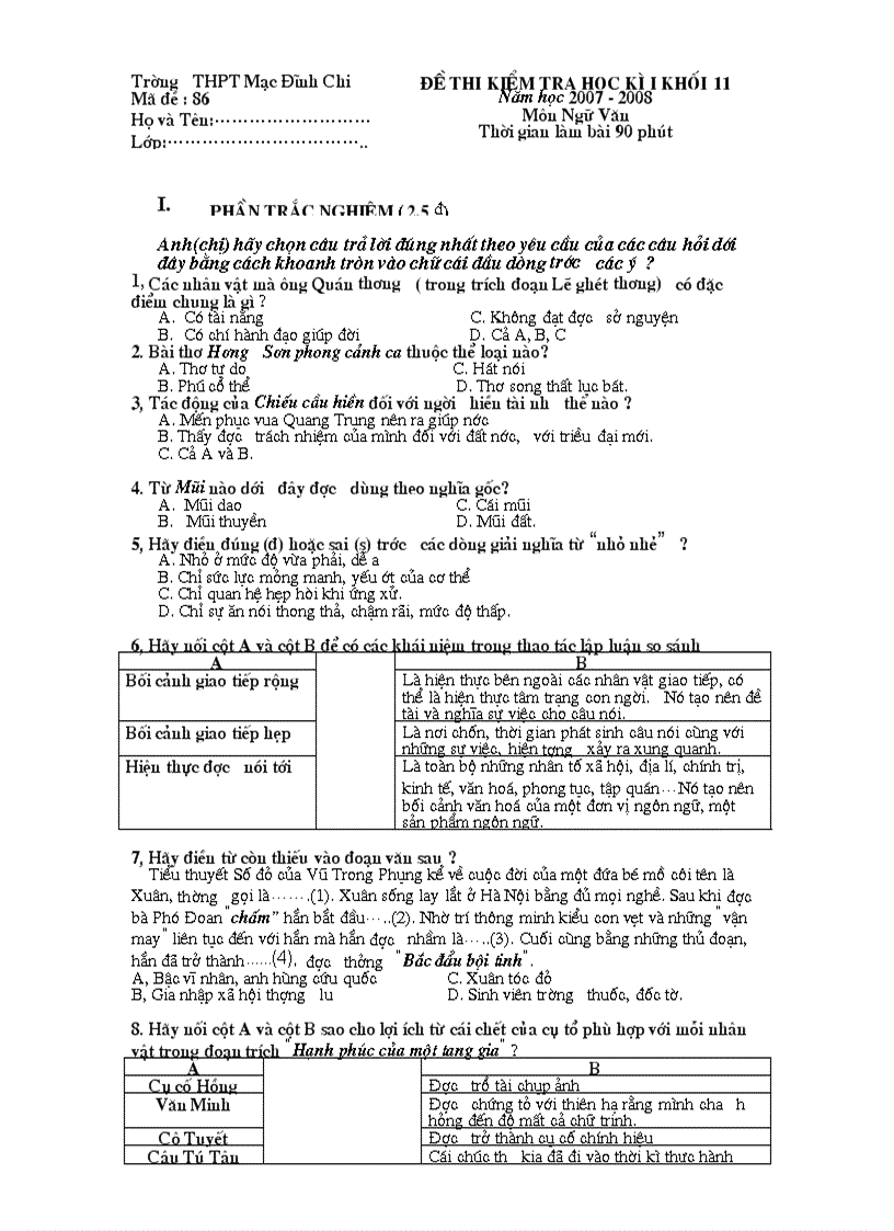 image for page Bài Kiểm tra Học Kì I Đáp án 2