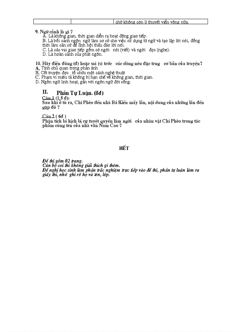 image for page Bài Kiểm tra Học Kì I Đáp án 2