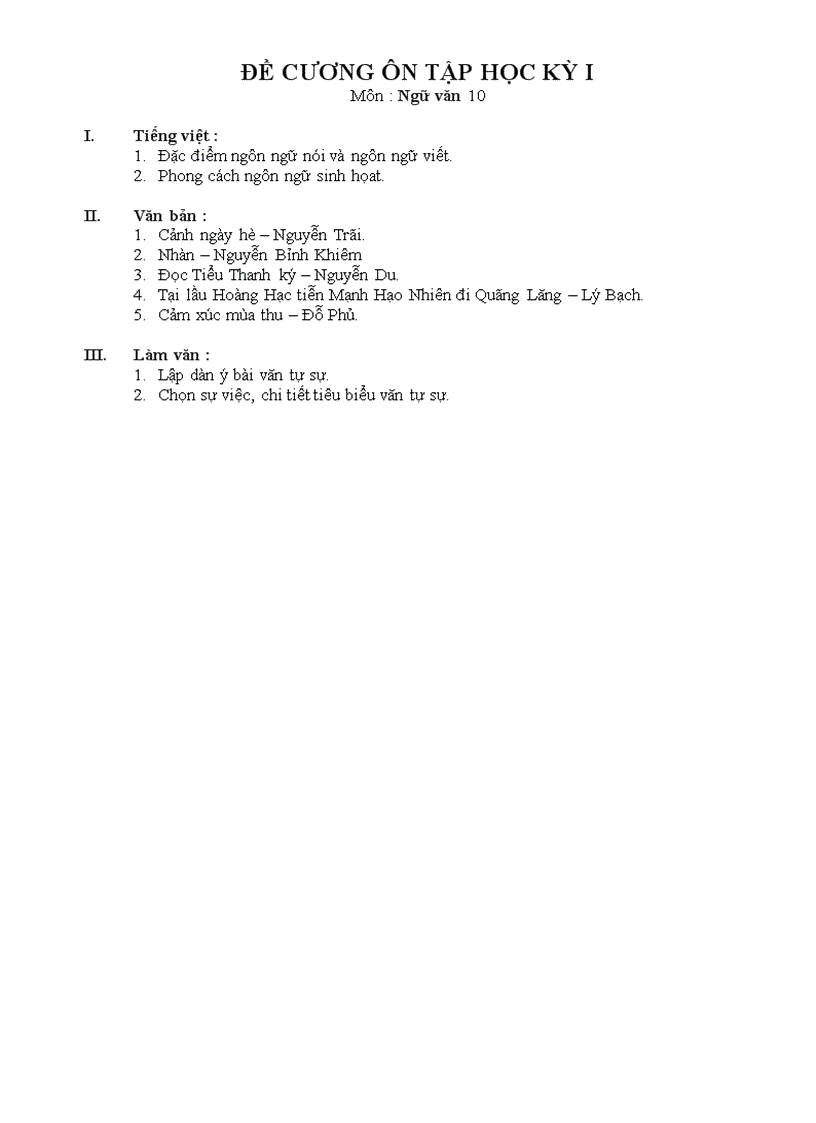 Đề cương đề thi văn 10