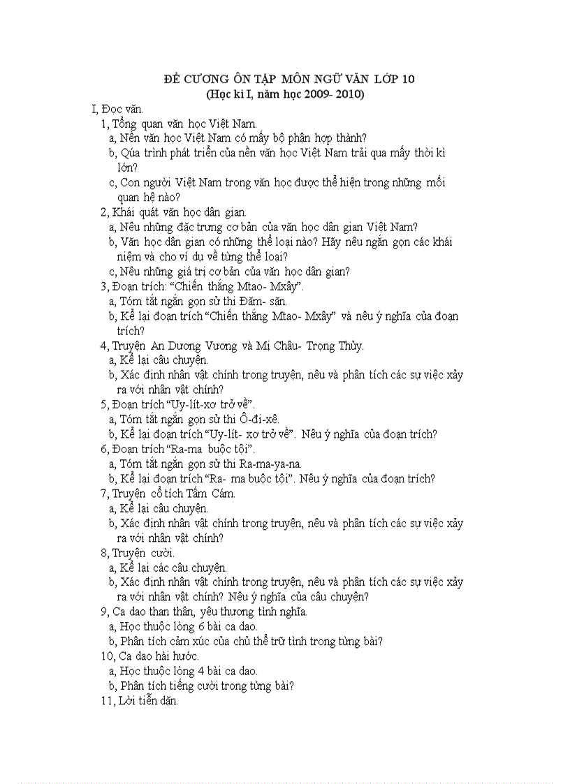 image for page Đề cương ôn tập môn Ngữ văn học kì I