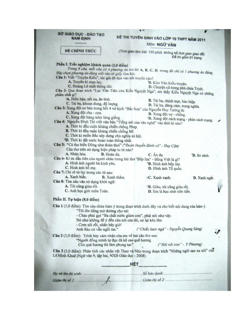 image for page Đề VĂN TS vào 10 Nam Định new 2011