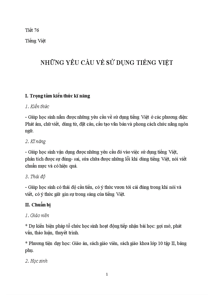 Tiết 76 Những yêu cầu về sử dụng tiếng Việt