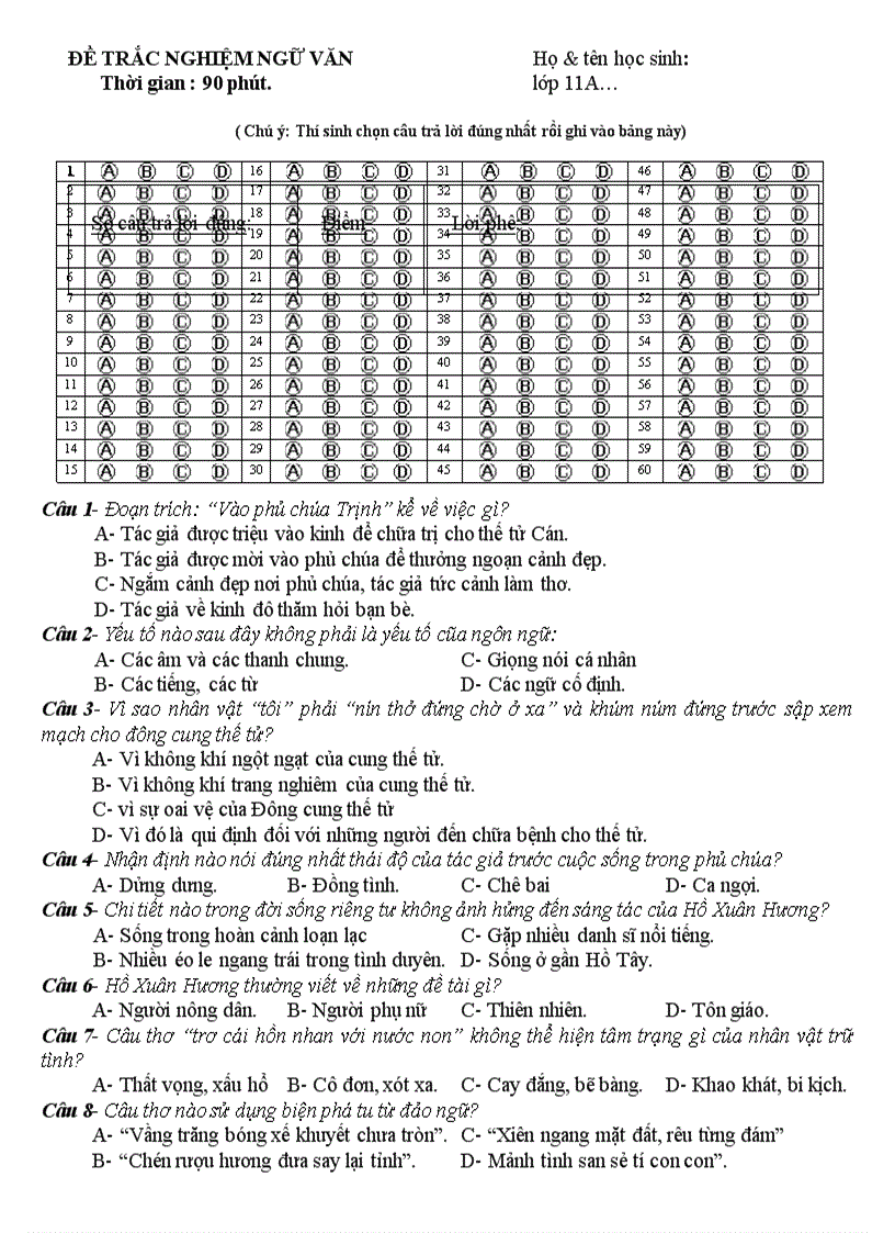 image for page HE THONG CAU HOI TRAC NGHIEM NGU VAN 11 co ban