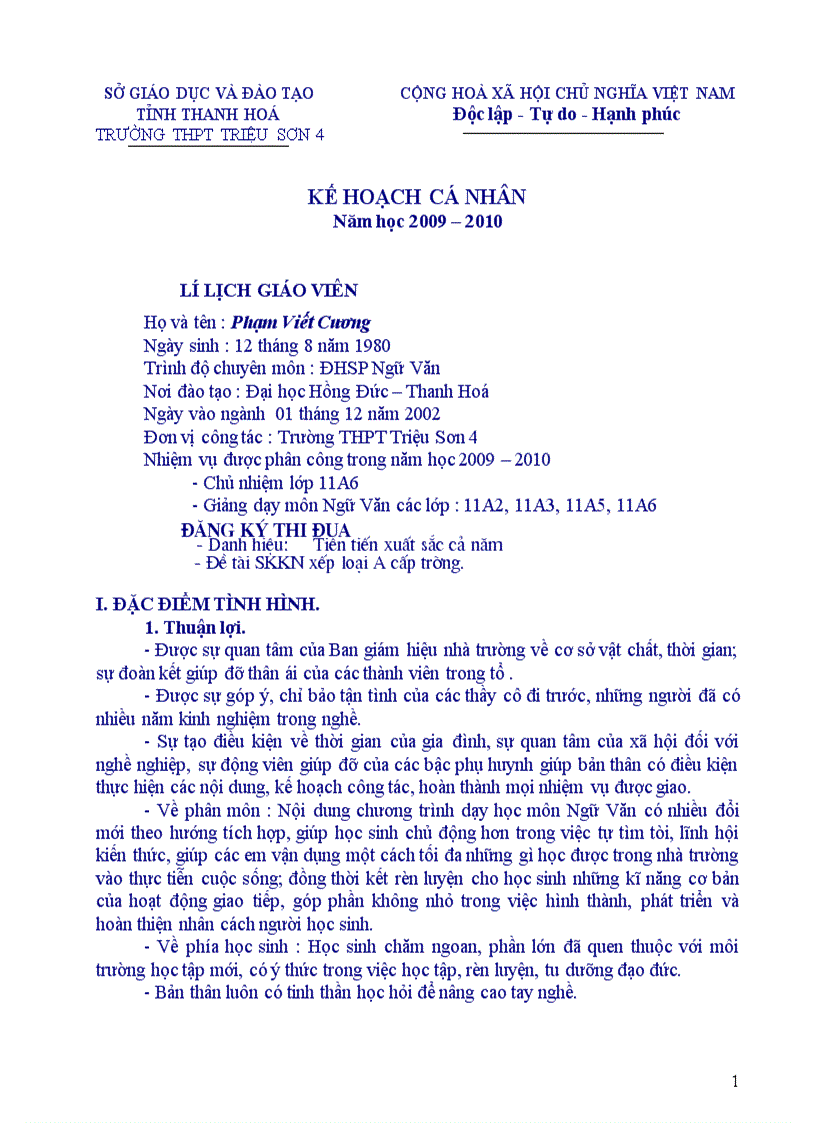 image for page Kế hoạch cá nhân môn Ngữ Văn