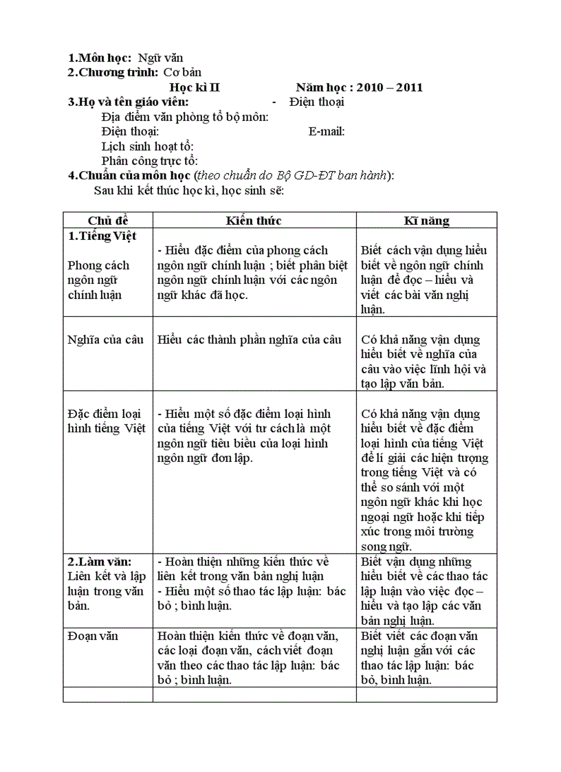 Kế hoạch dạy học HKII