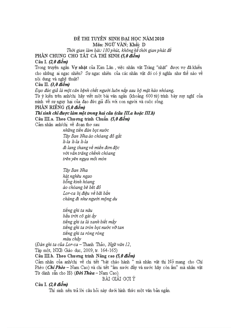 image for page Đề chính thức và Gợi ý Văn Khối D 2010