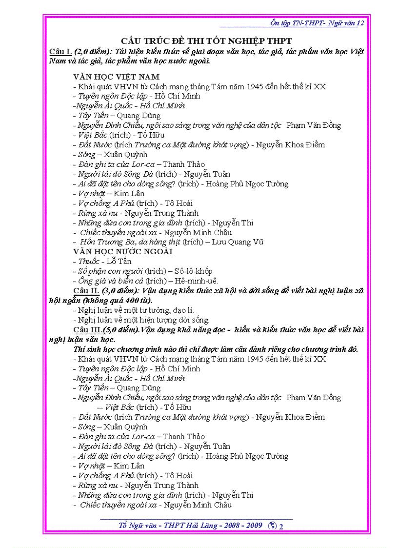 image for page Đề cương ôn tập Ngữ văn 12 mới chuẩn bị cho kỳ thi tốt nghiệp năm 2009