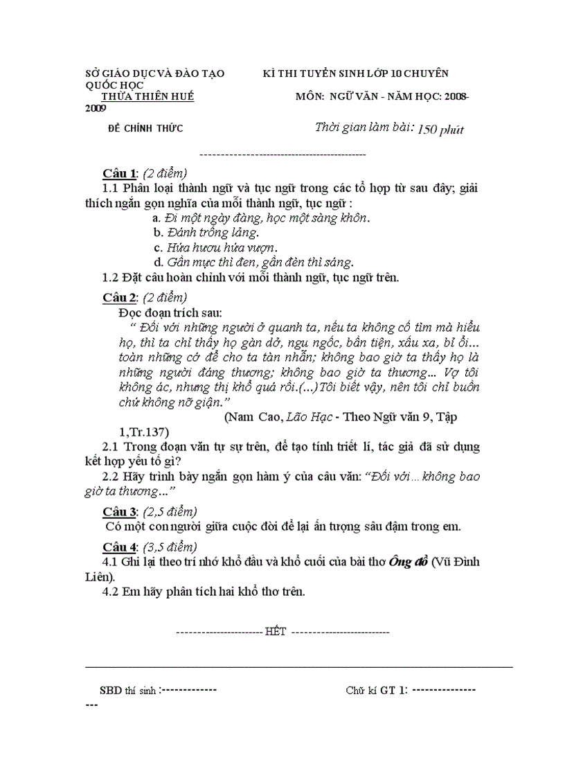 image for page Đề thi DA vào chuyên văn quốc học Huế