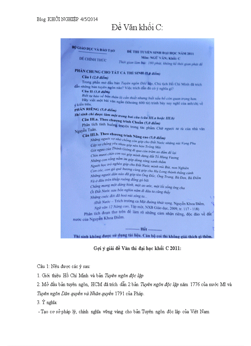 image for page Đề thi môn văn khối c 2011