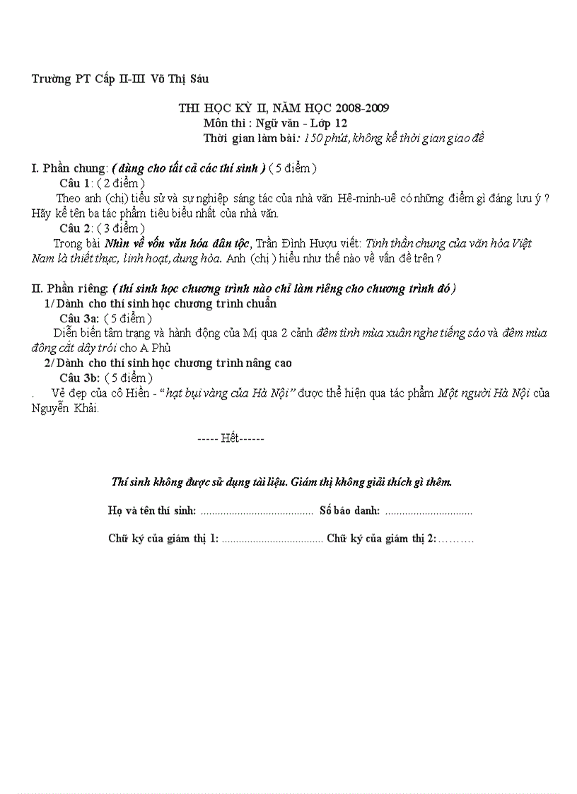 image for page Đề và đáp án thi HK2 08 09