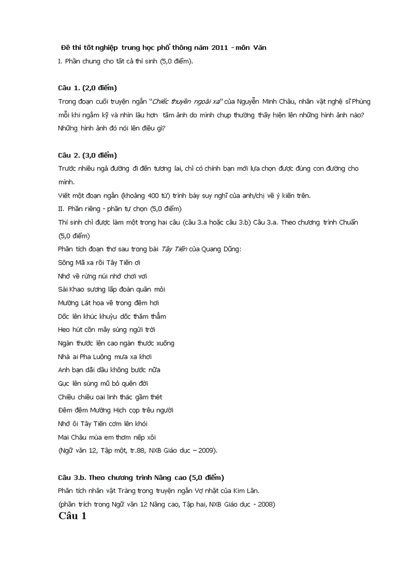 image for page Đề và gợi ý giải môn văn TN PTTH Năm 2011