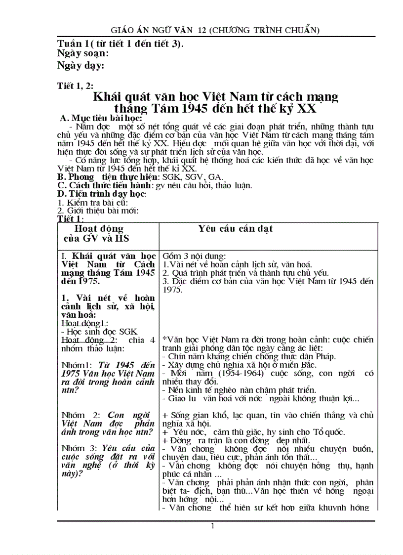 image for page Giáo án Ngữ văn 12 Chương trình chuẩn