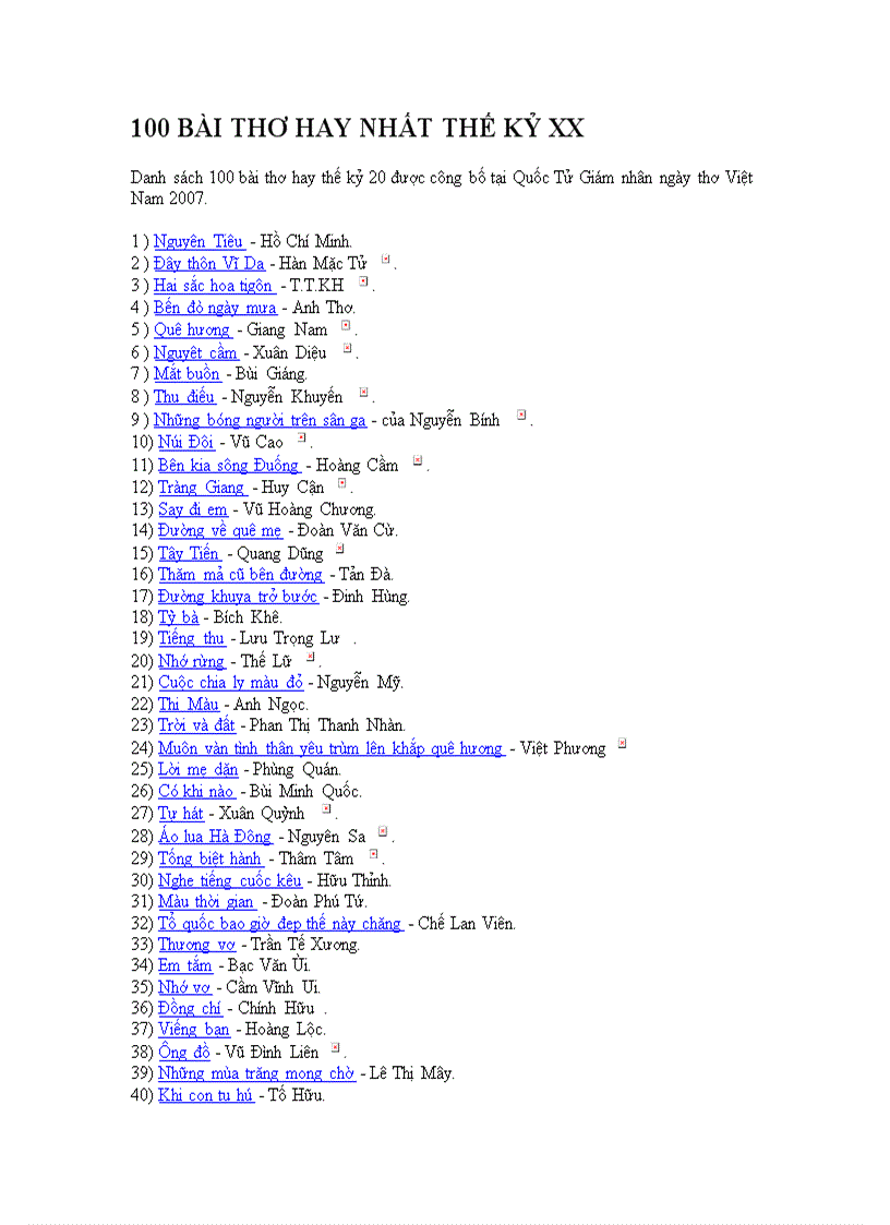 GT tên100 bài thơ hay nhất TK XX và 10 bbài đầu