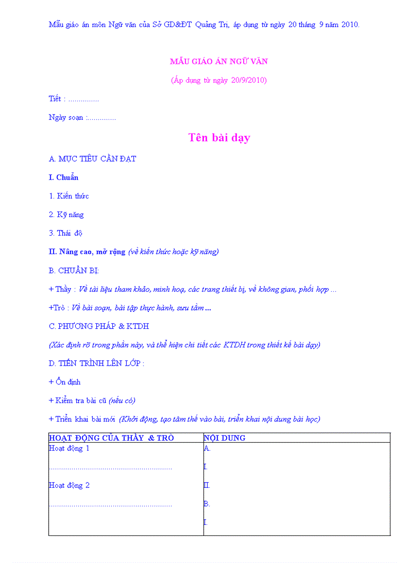 image for page Mẫu giáo án mới theo chuẩn kiến thức kỹ năng