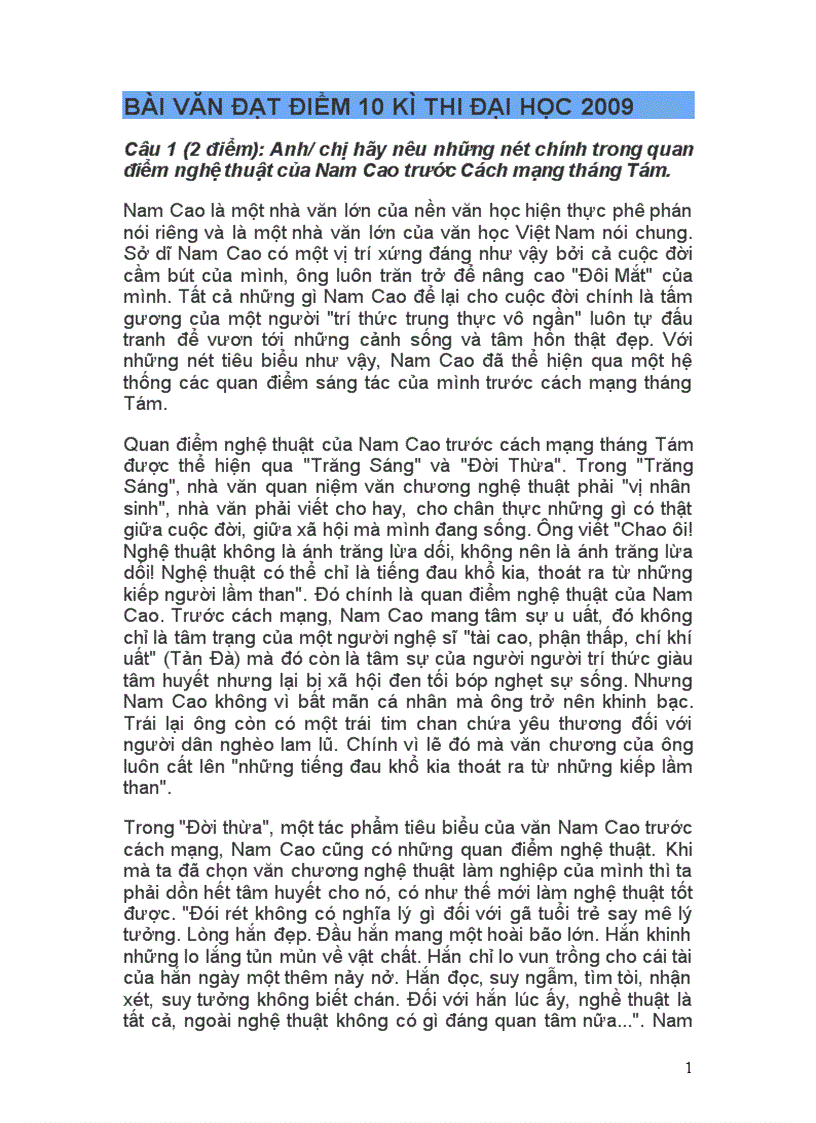 image for page Bài văn đạt điểm 10 kì thi ĐH 2009