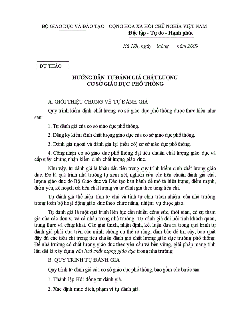 Hướng dẫn tự đanhs giá chất lượng giáo dục