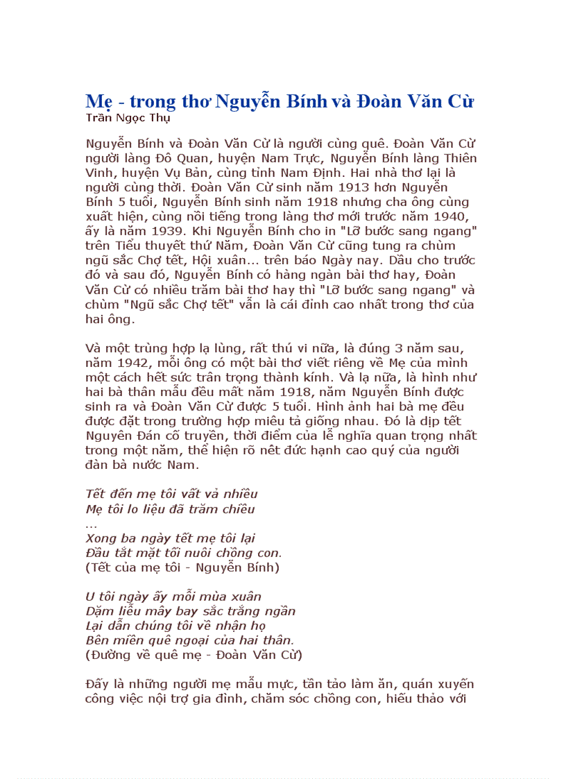 image for page Mẹ trong thơ Nguyễn Bính và Đoàn Văn Cừ