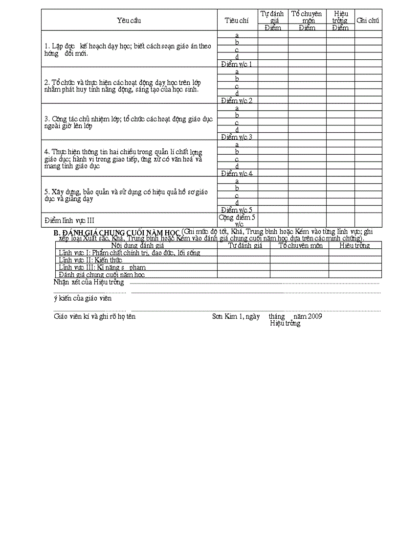 Phiếu đánh giá xếp loại giáo viên