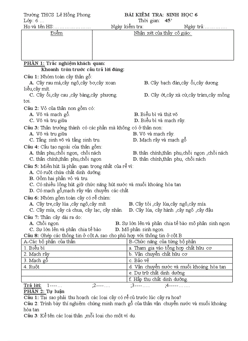 image for page 4 mã đề kt sinh học 6 TN TL