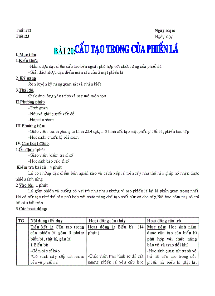 image for page Bài 20 Cấu tạo trong của phiến lá 1