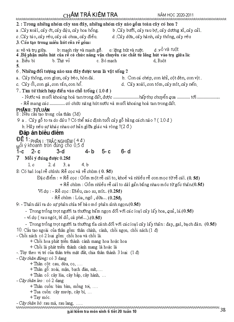 Dáp an biểu điểm tiết 20 sinh 6 2 mã đề