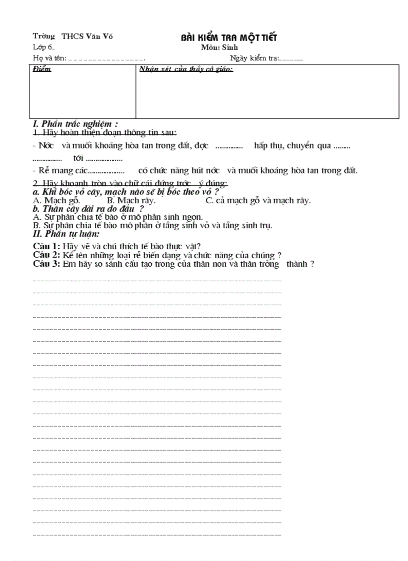 image for page Đề kiểm tra 1 tiết kỳ 1 sinh 6