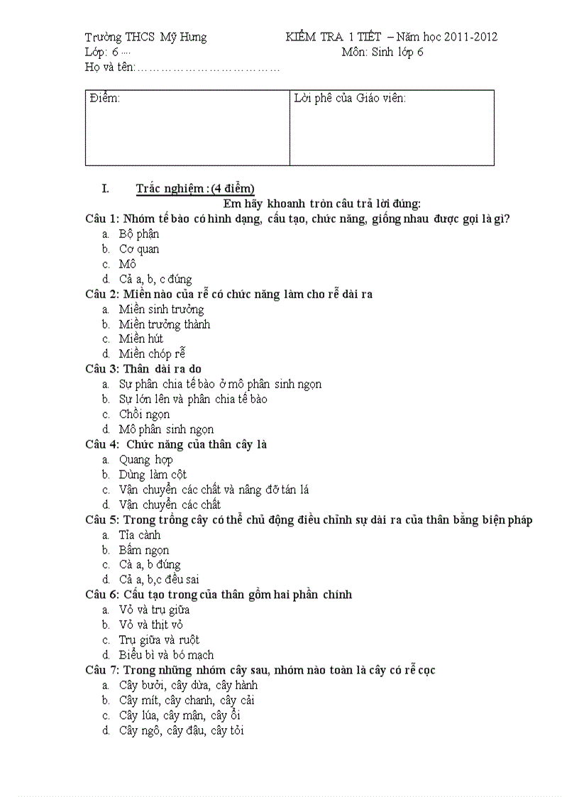 image for page Đề kiểm tra 1 tiết sinh 6