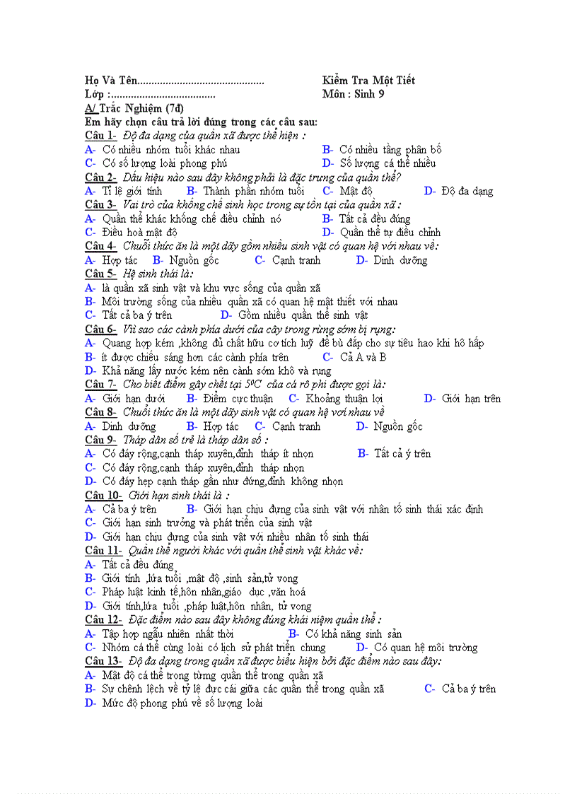 Đề kiểm tra một tiết sinh 9