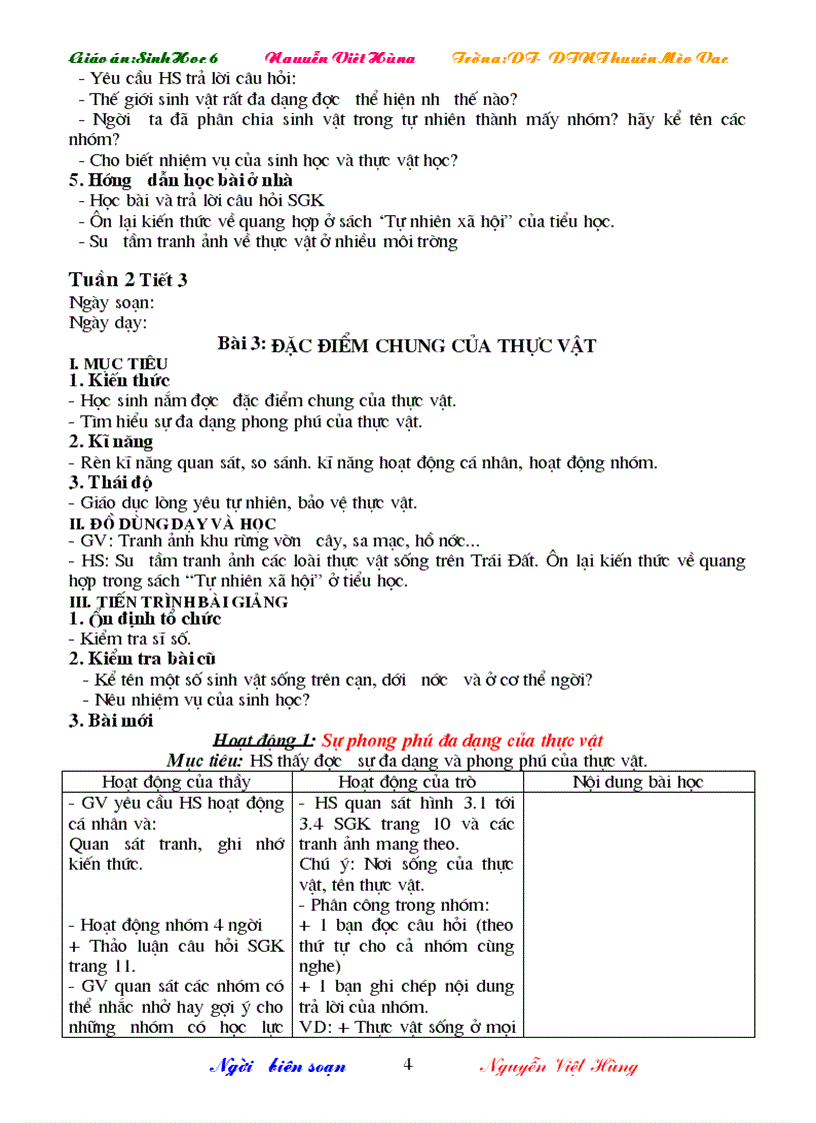 image for page Giáo án sinh học 6 3 cột cả năm cực hay 2009 2010