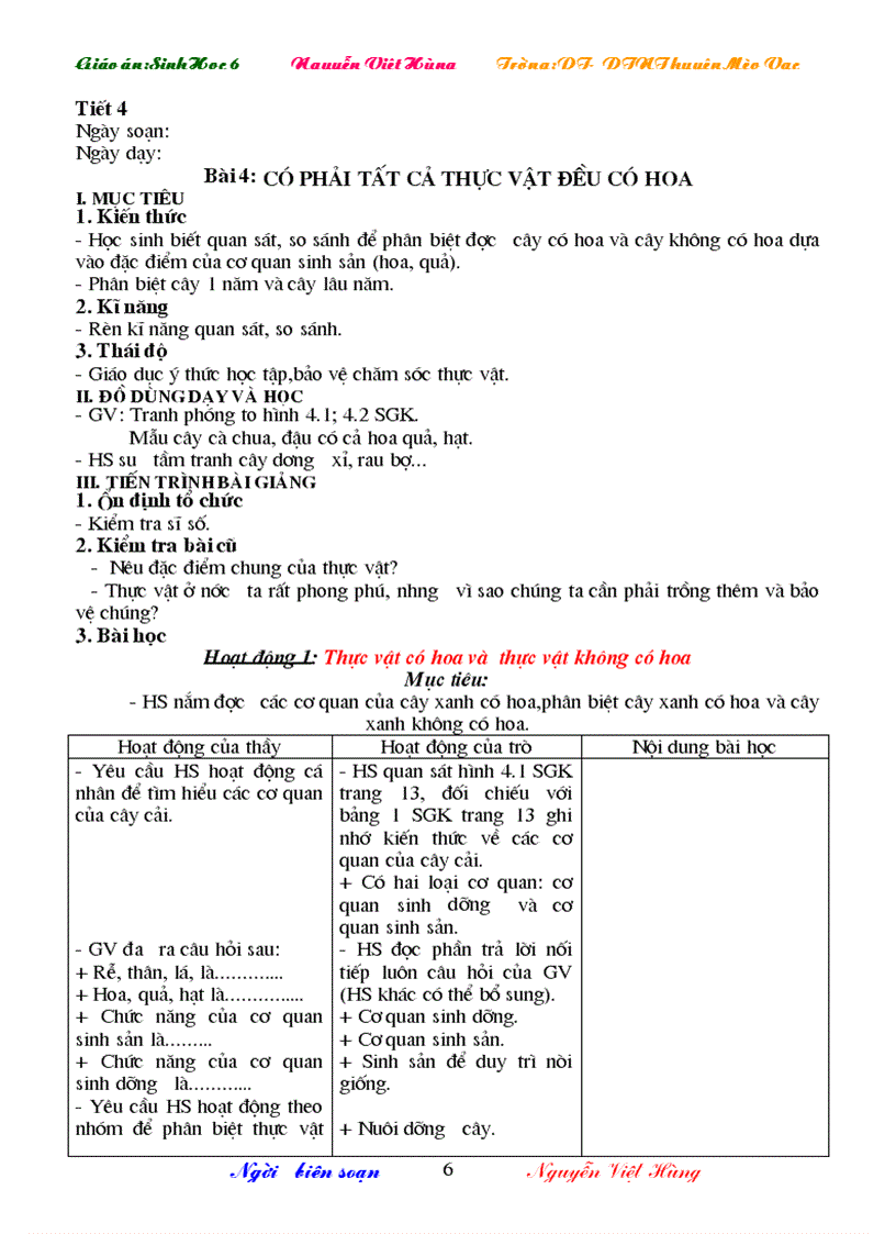 image for page Giáo án sinh học 6 3 cột cả năm cực hay 2009 2010