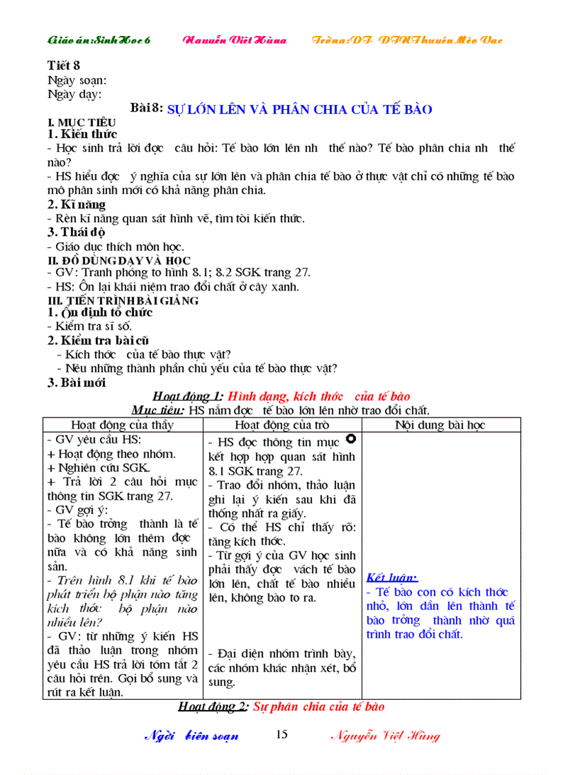 image for page Giáo án sinh học 6 3 cột cả năm cực hay 2009 2010