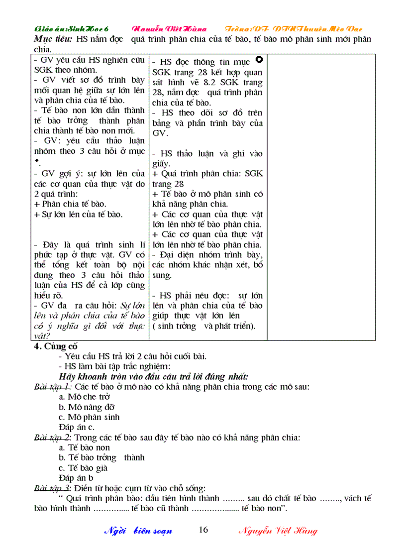 image for page Giáo án sinh học 6 3 cột cả năm cực hay 2009 2010