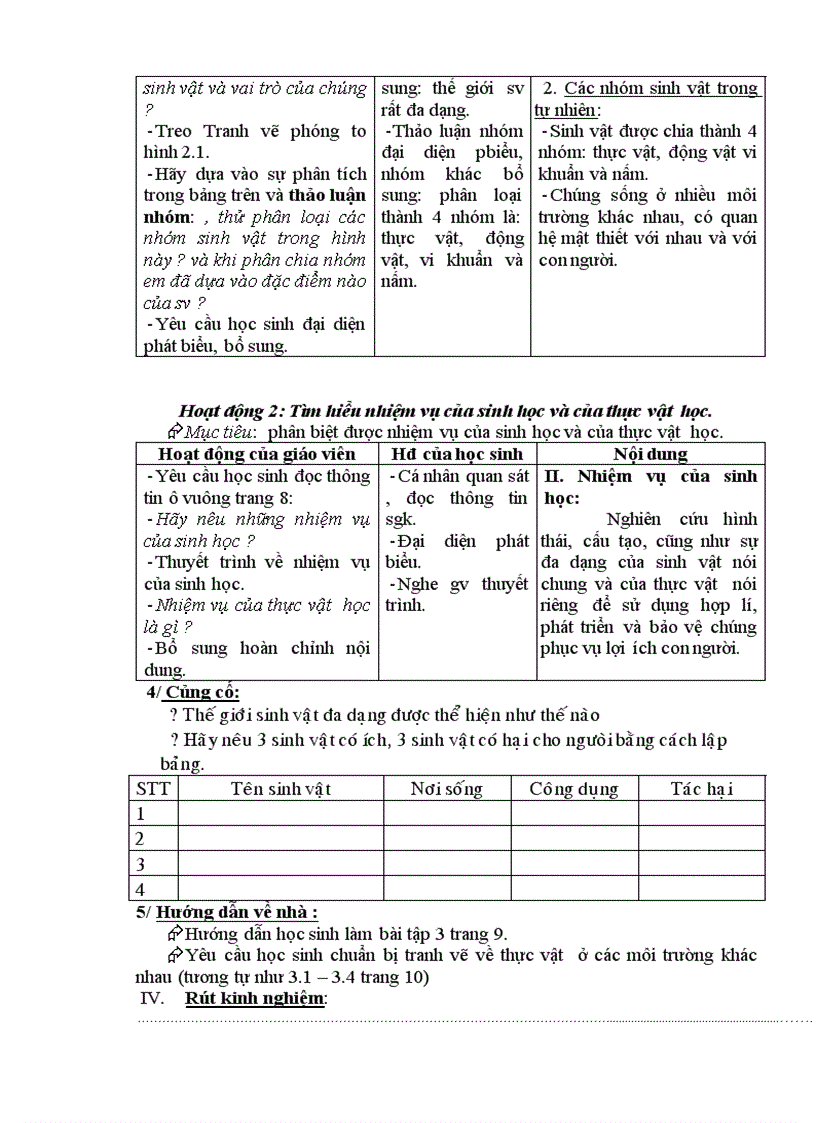 Giáo án Sinh học 6 chuẩn kiến thức