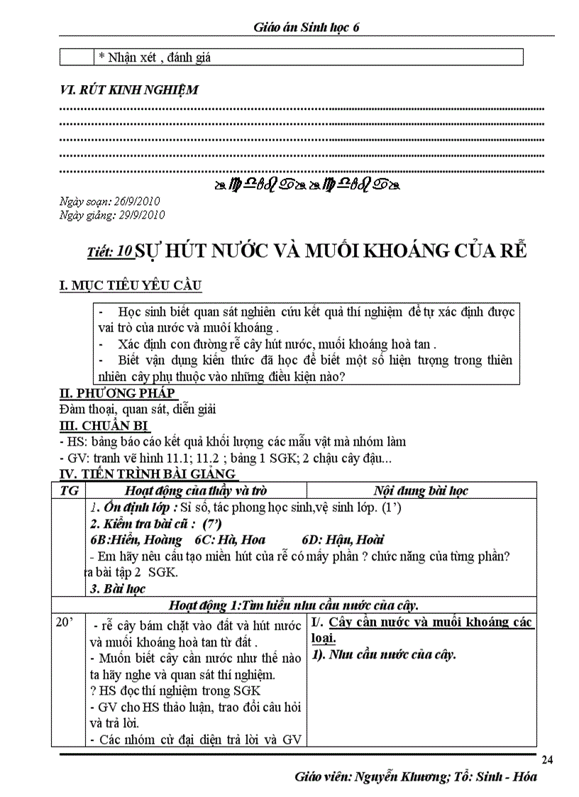 image for page Giáo án Sinh học 6 tiết 8 14 chuẩn 2 cột